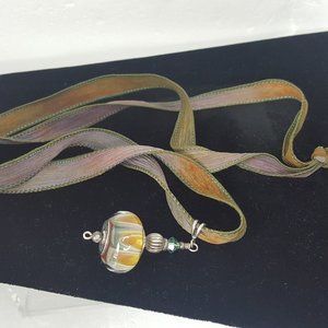 Tie dye Silk necklace w handblown glass & sterling pendant w HOPE written on it